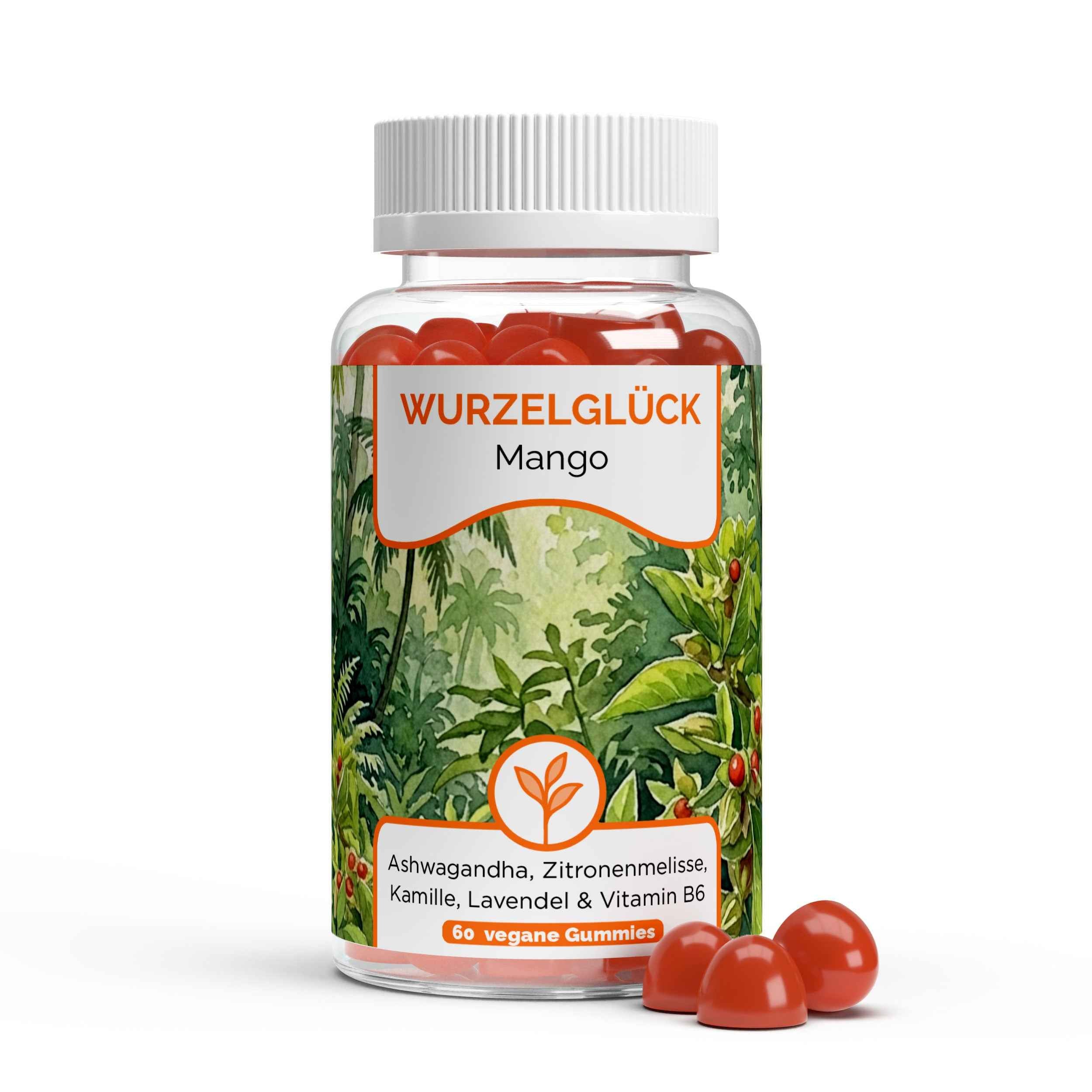 Ashwagandha-Gummies-WURZELGLÜCK-Mango-Herba-Pascua-Produktansicht mit Fruchtgummies